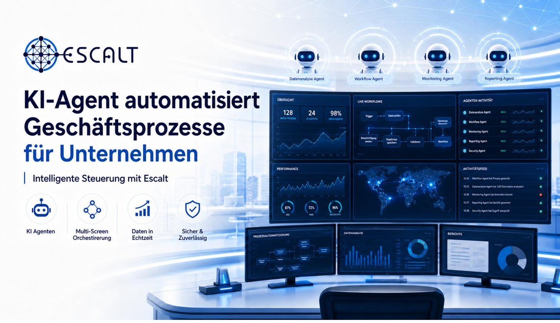 Dashboard-Grafik von Escalt: KI-Agenten für Datenanalyse, Workflow, Monitoring und Reporting steuern Geschäftsprozesse über eine zentrale Oberfläche