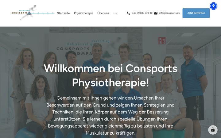 Startseite der für Consports Physiotherapie umgesetzten Website