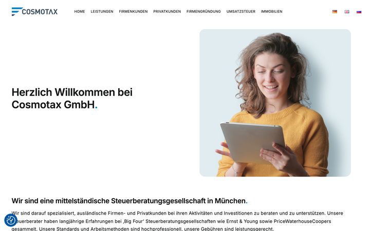 Startseite der für Cosmotax Steuerberatungsgesellschaft umgesetzten Website