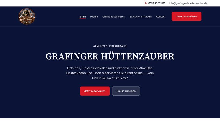Головна сторінка сайту, створеного для Grafinger Hüttenzauber