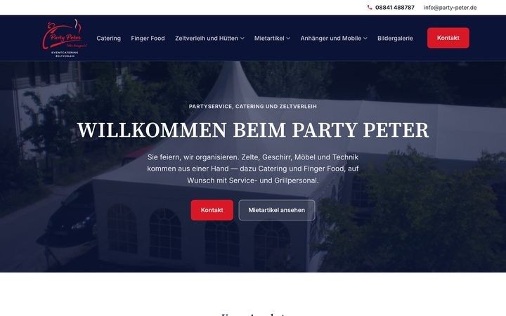 Головна сторінка сайту, створеного для Party Peter GmbH