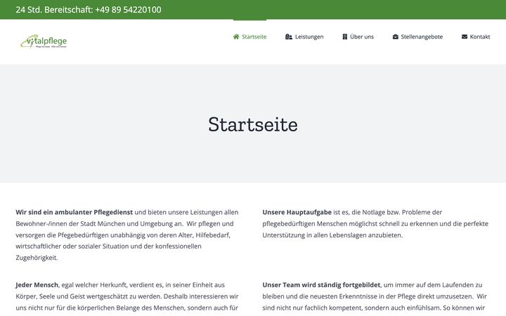 Startseite der für Vitalpflege GmbH umgesetzten Website